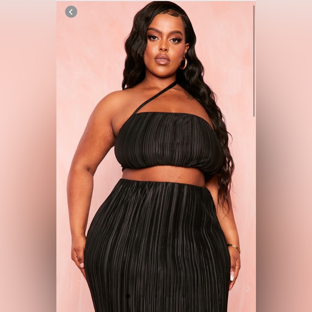 Black bandeau asymmetrical crop top and maxi skirt set